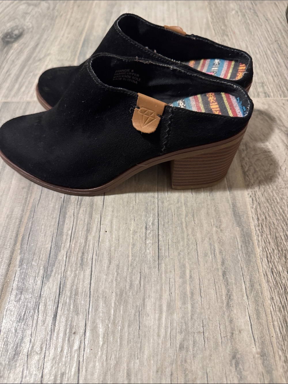 Rock & Candy Black Slip-On Block Heel Mules with Tan Tab